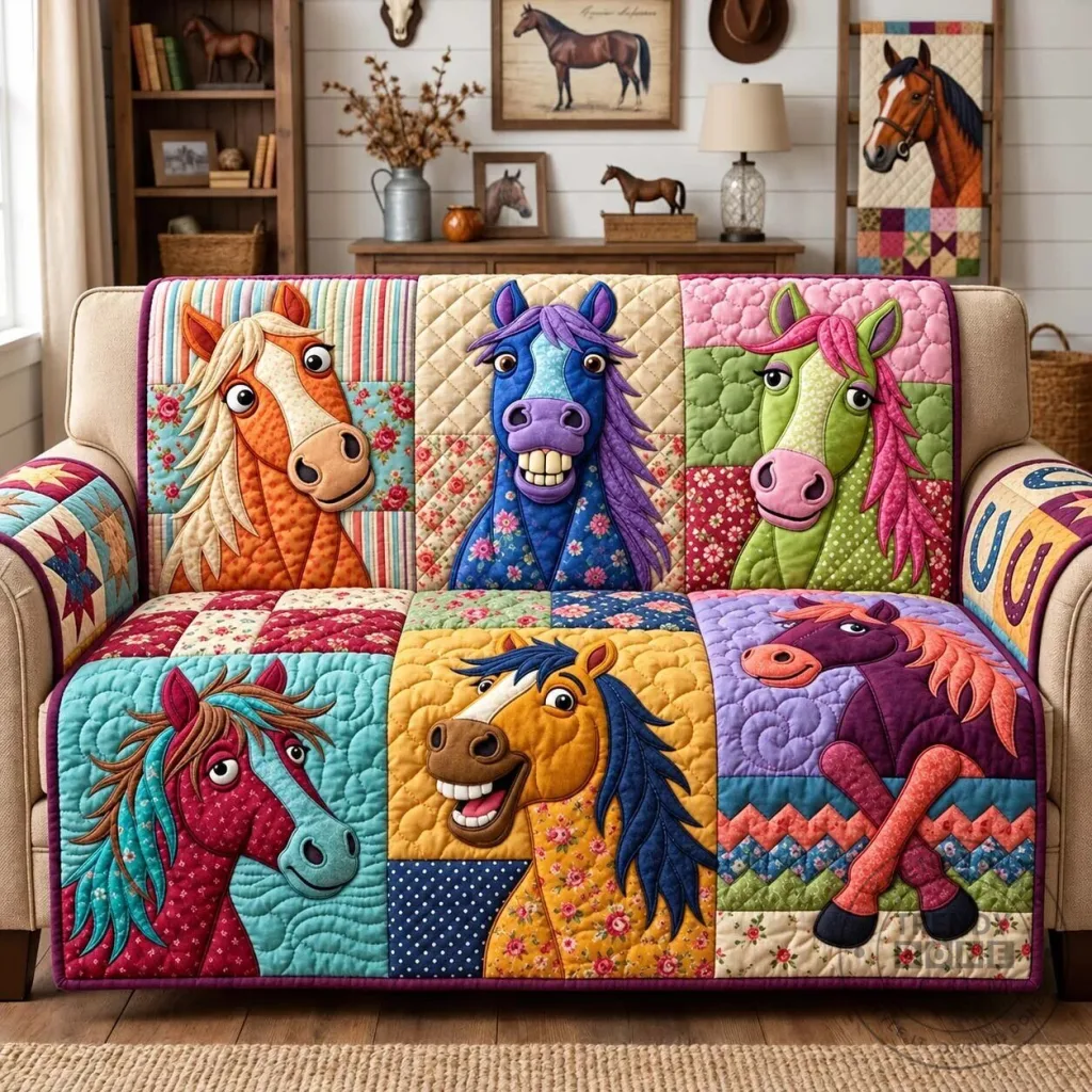 Colorful Horse Faces Quilted Sofa Cover, Vibrant Horse Lover Couch Protector