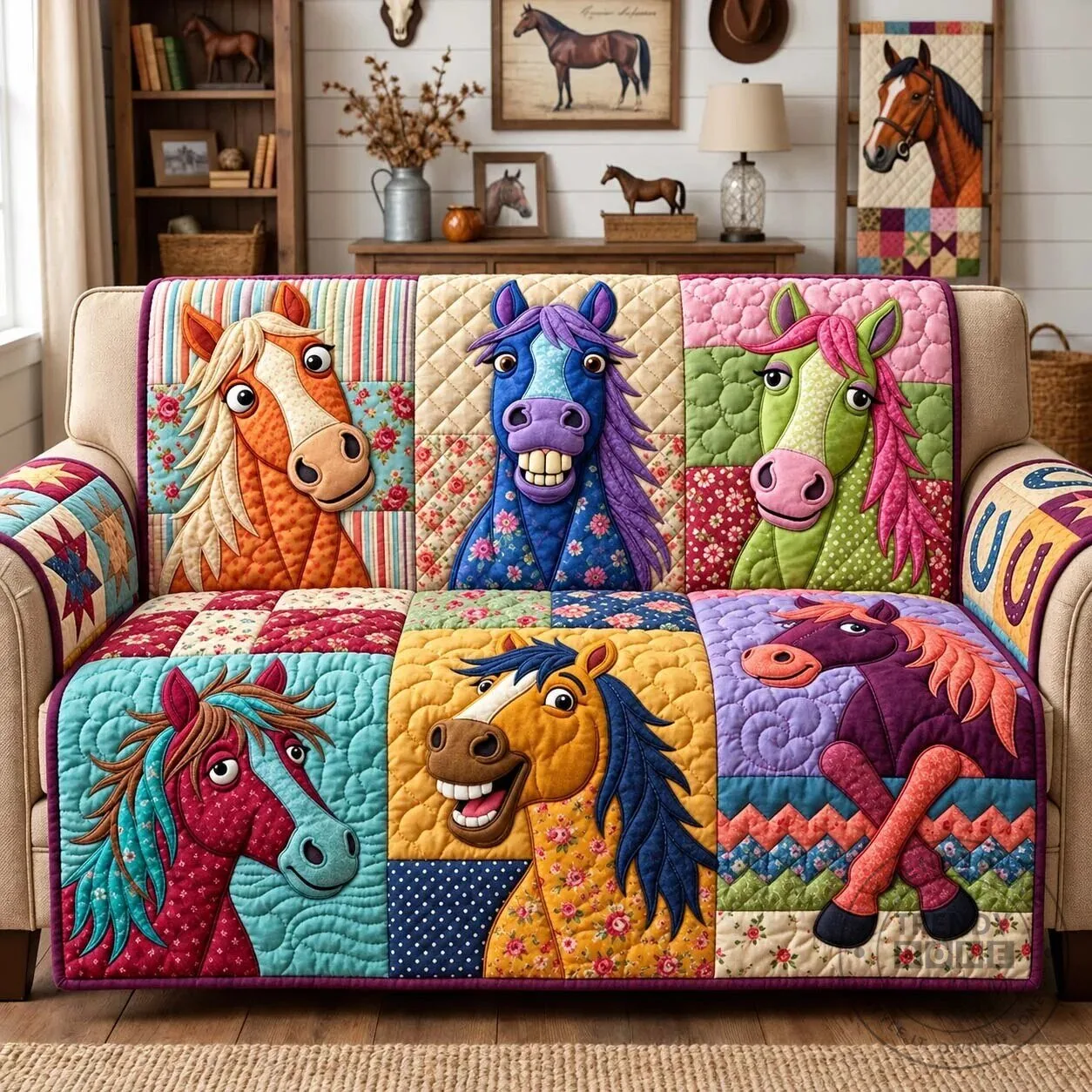 Colorful Horse Faces Quilted Sofa Cover, Vibrant Horse Lover Couch Protector