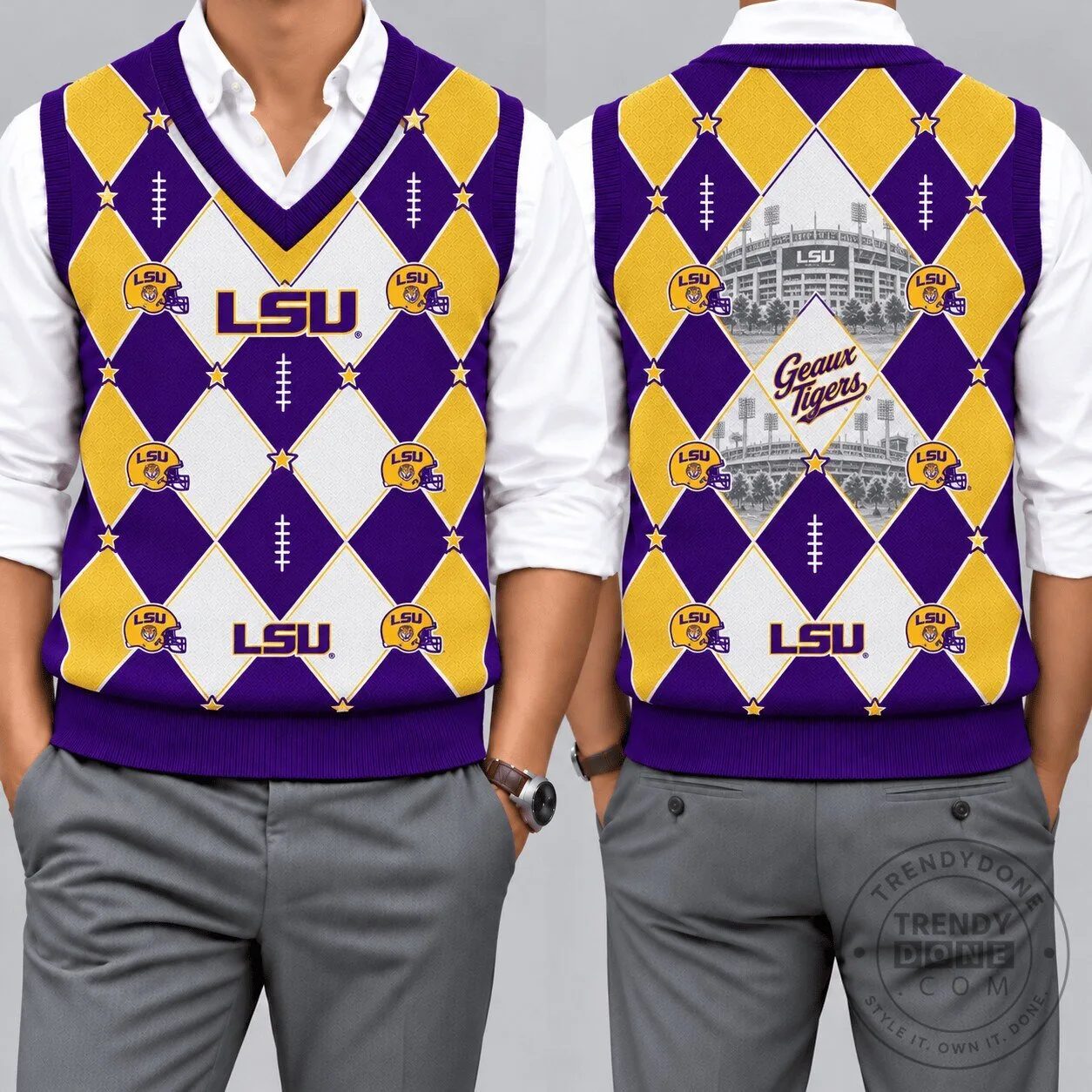 Louisiana State University Tigers Argyle Pattern Football Fan V-Neck Sleeveless Knit Vest