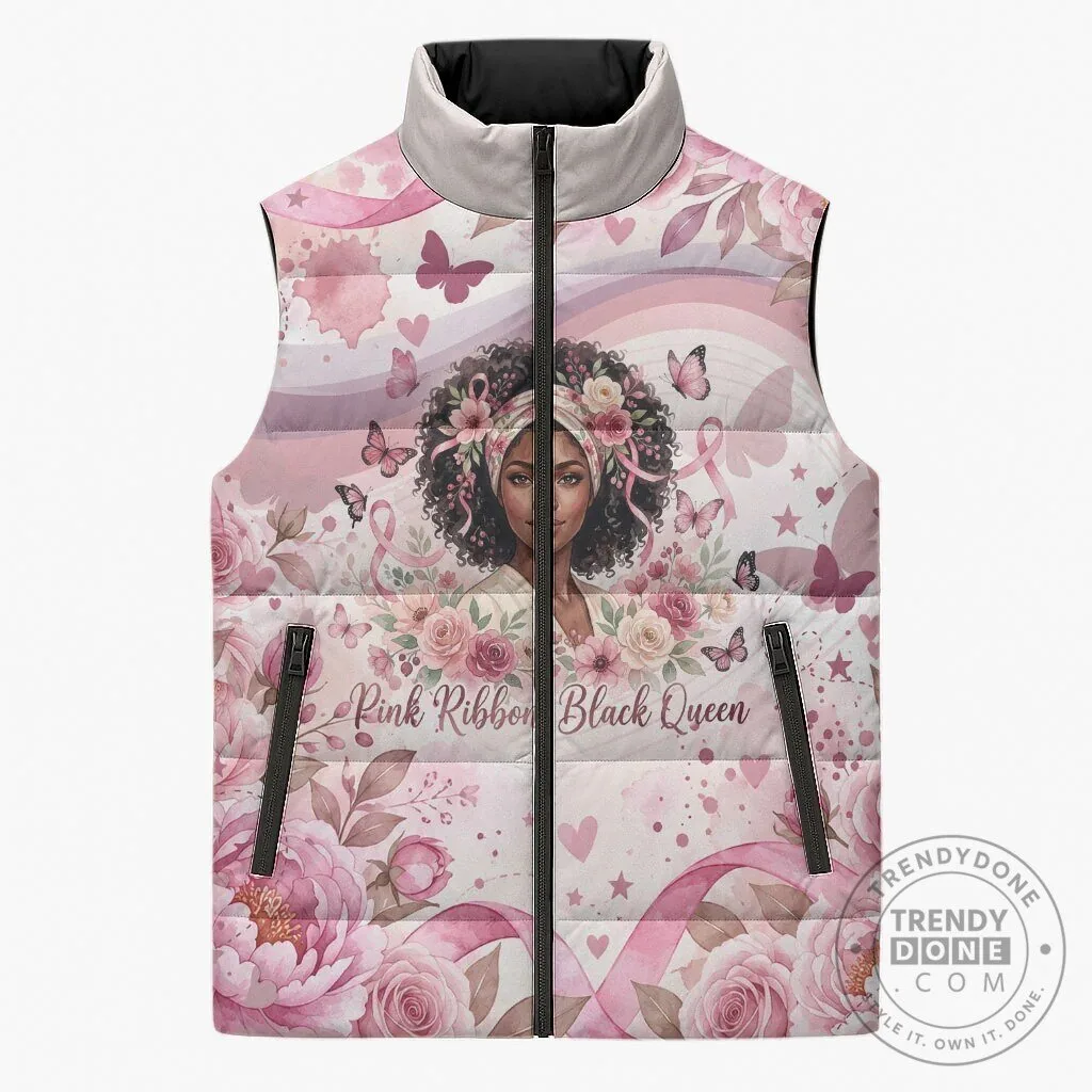 African American Breast Cancer Awareness Pink Ribbon Floral Butterfly Puffer Vest
