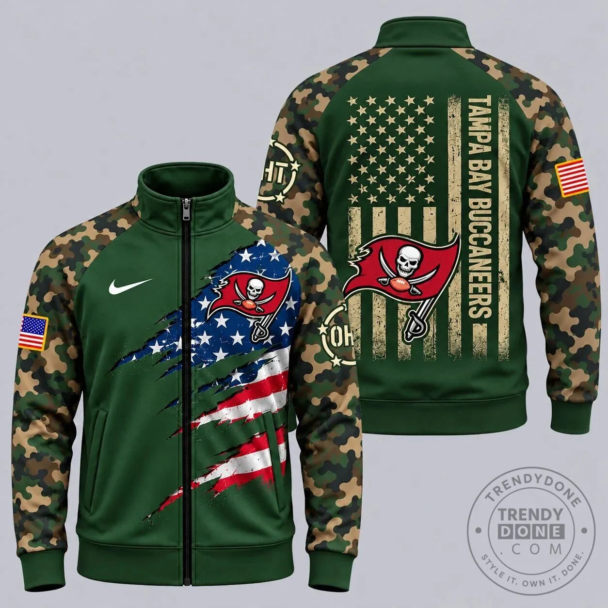 Tampa Bay Buccaneers American Flag Camouflage Military Green Jacket