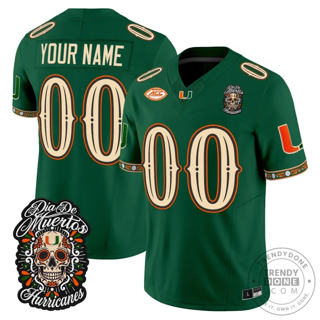 Miami Hurricanes Dia de los Muertos Custom Football Jersey 47 Miami Hurricanes Dia de los Muertos Custom Football Jersey