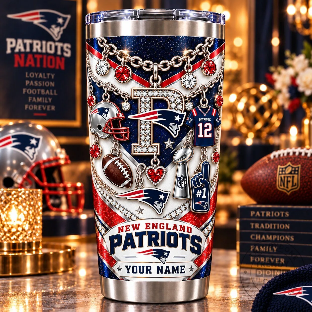 New England Patriots NFL Personalized Sparkle Football Fan Tumbler