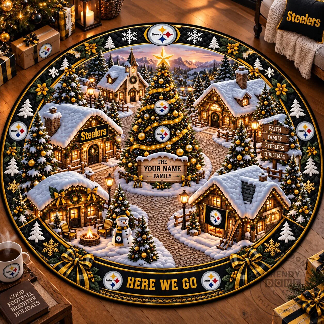 Pittsburgh Steelers Christmas Village Personalized Round Rug