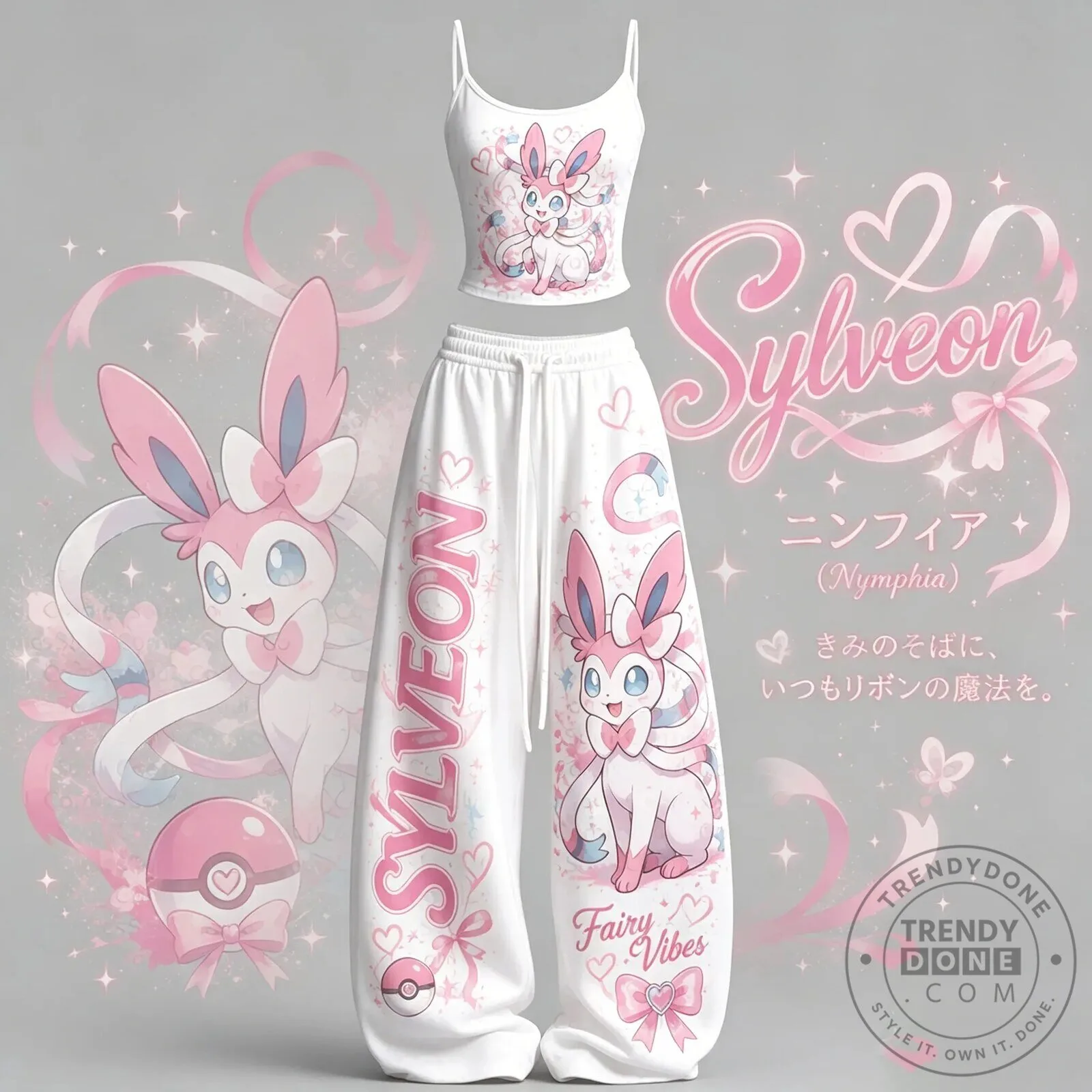 Sylveon Pokemon Fairy Vibes Two-Piece Crop Top and Elasticated Trousers Set