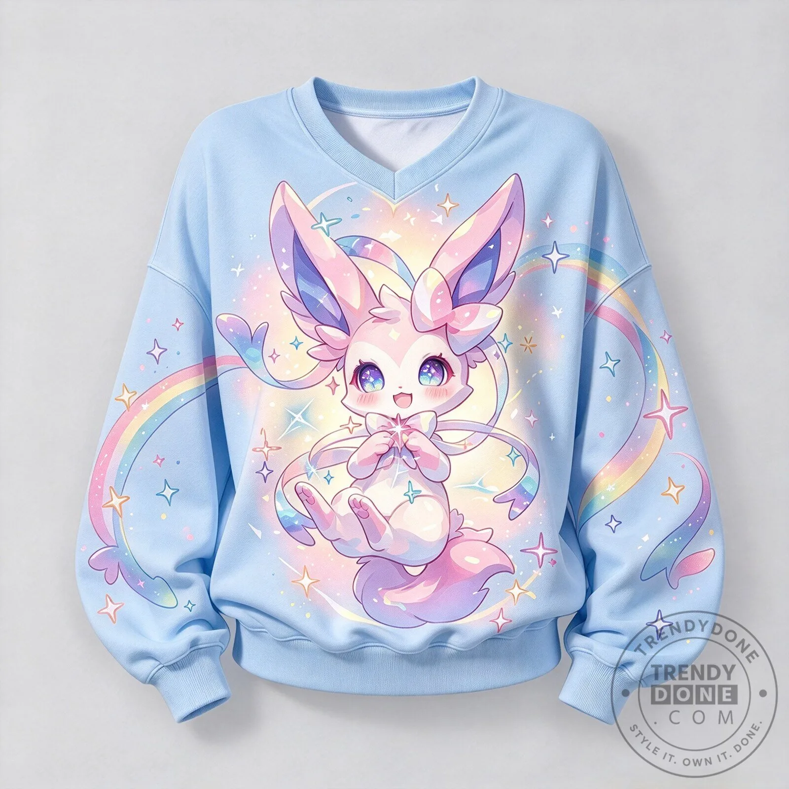 Cute Sylveon Pokémon Pastel Rainbow Stars V-Neck Sweatshirt