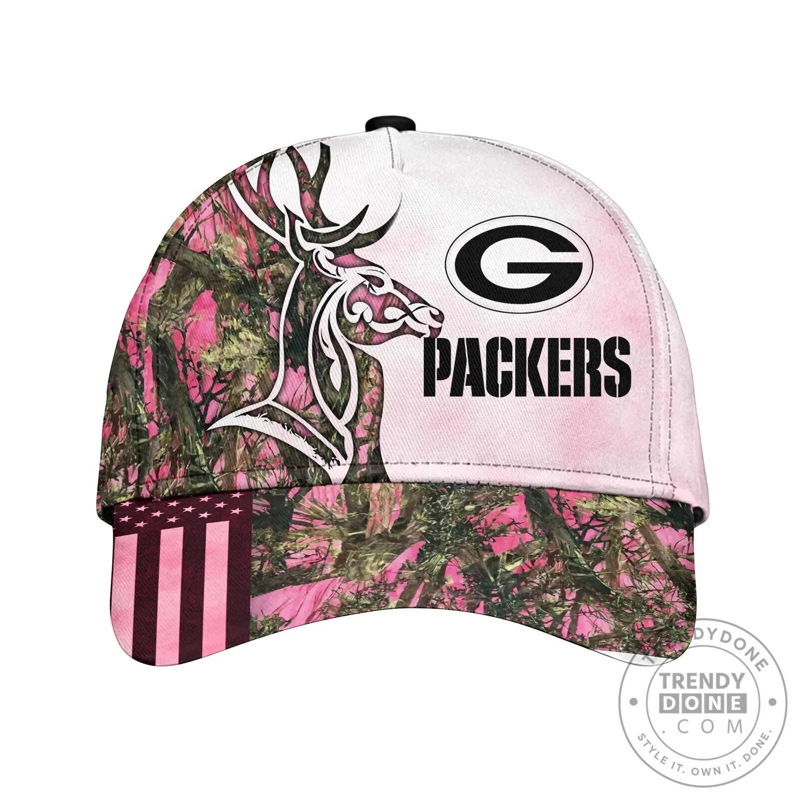 Green Bay Packers Pink Camouflage Deer Antler American Flag Cap Hat 1 Green Bay Packers Pink Camouflage Deer Antler American Flag Cap Hat