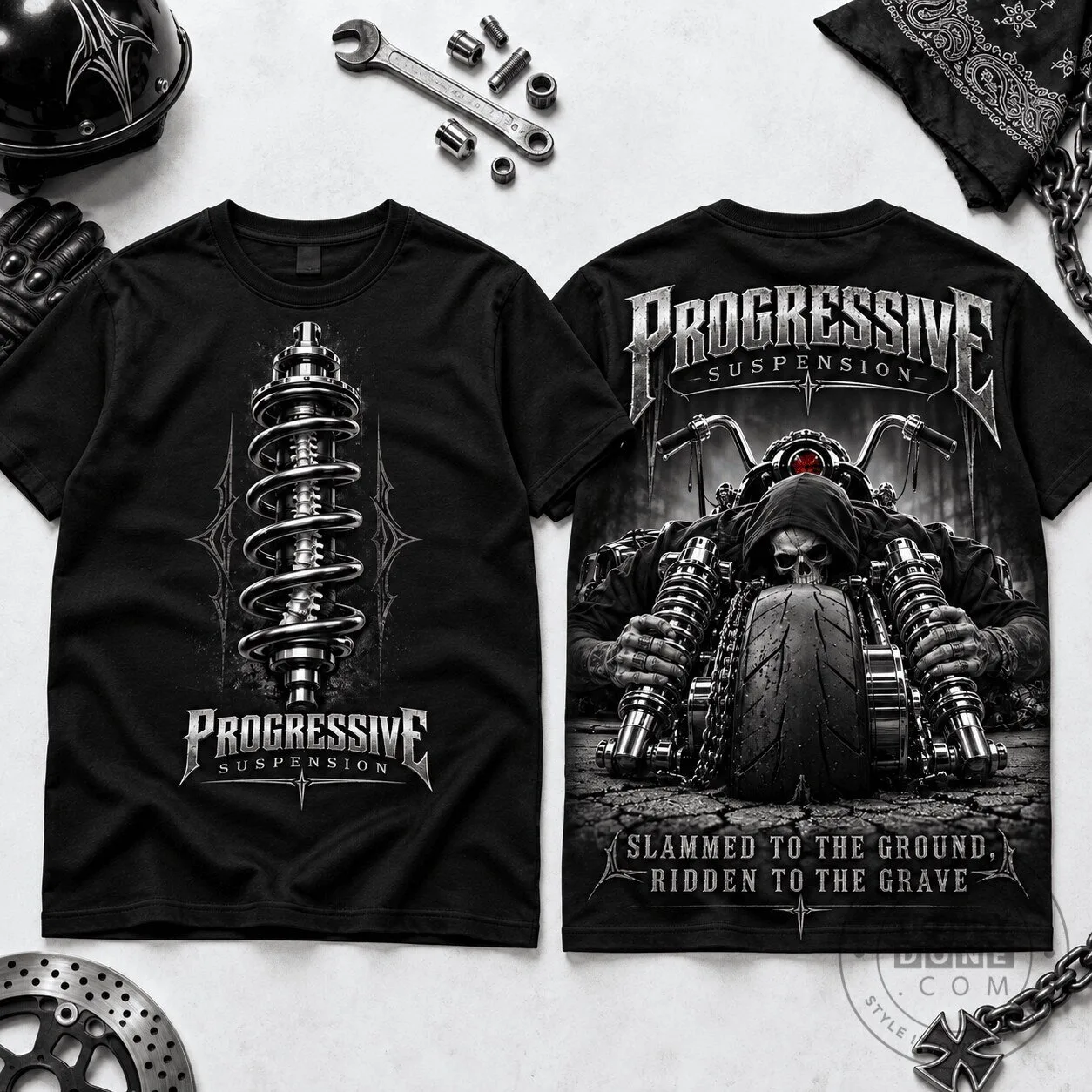 Progressive Suspension Slammed To The Ground Skull Rider Graphic T-Shirt