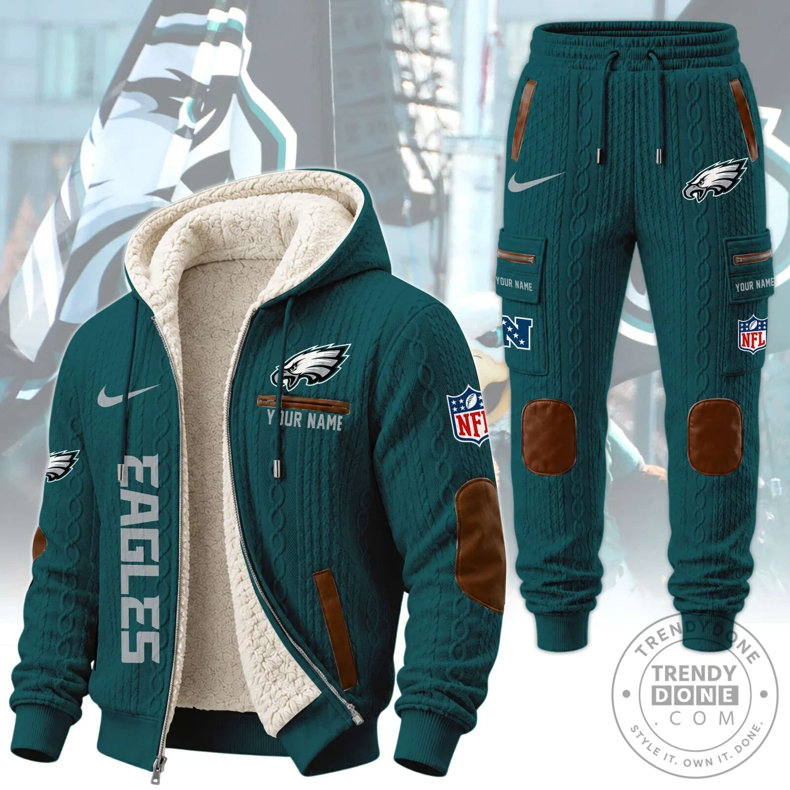 Philadelphia Eagles NFL Sherpa Hooded Jacket and Jogger Pants Set