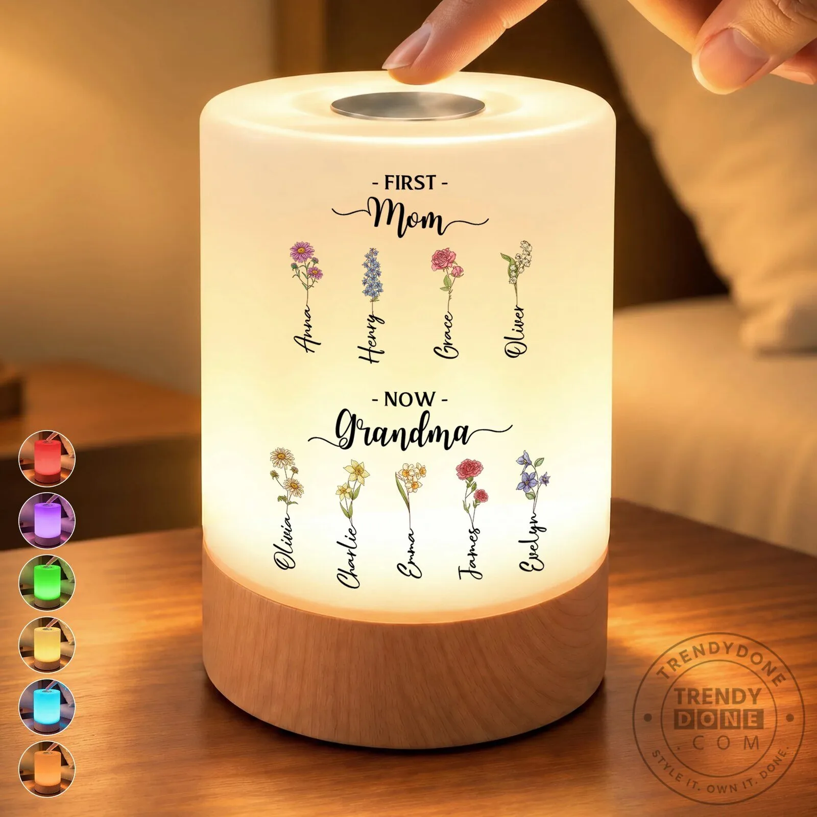 Personalized First Mom Now Grandma Night Light with Grandchildren's Names and Birth Flowers