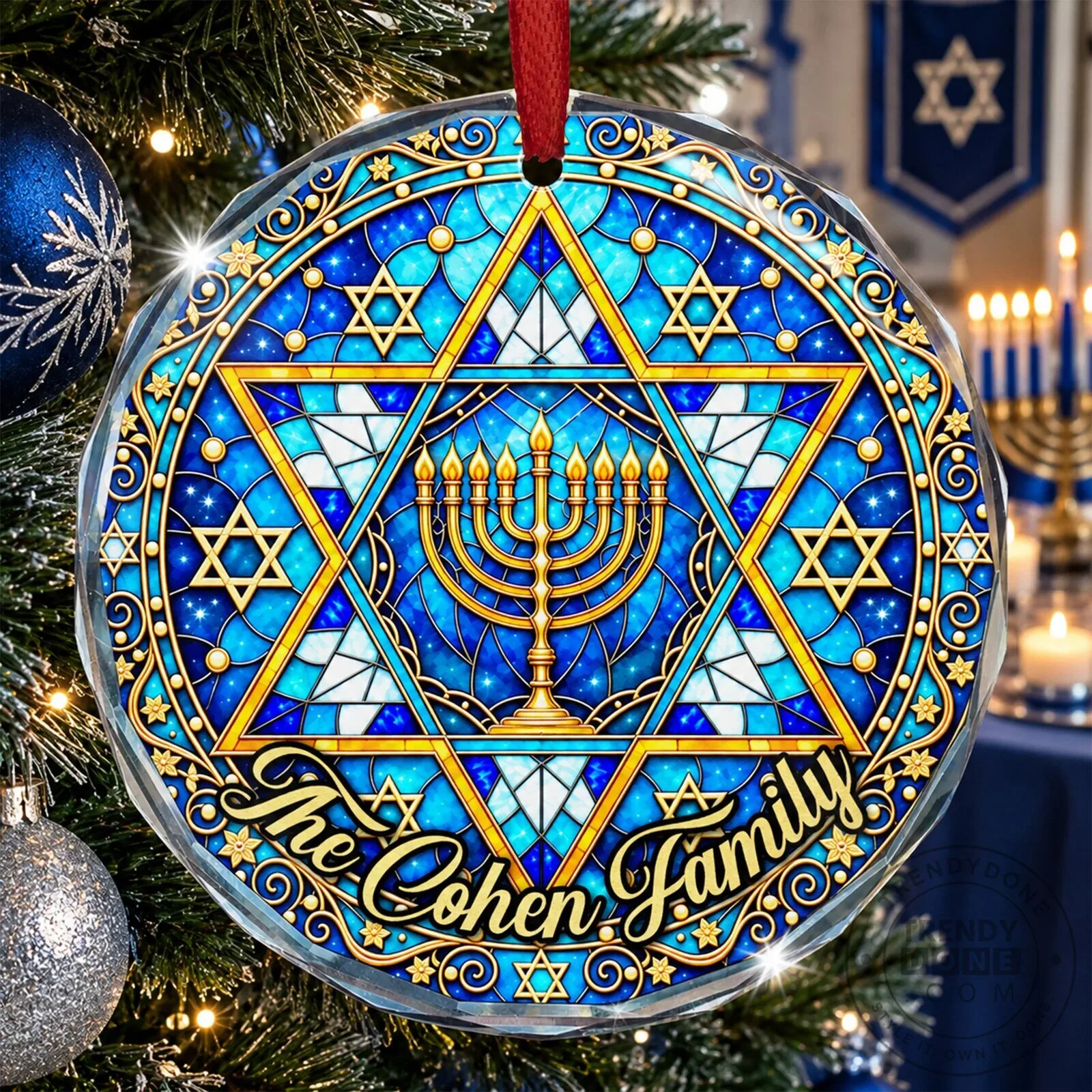 Hanukkah Star of David Menorah Stained Glass Personalized Family Ornament