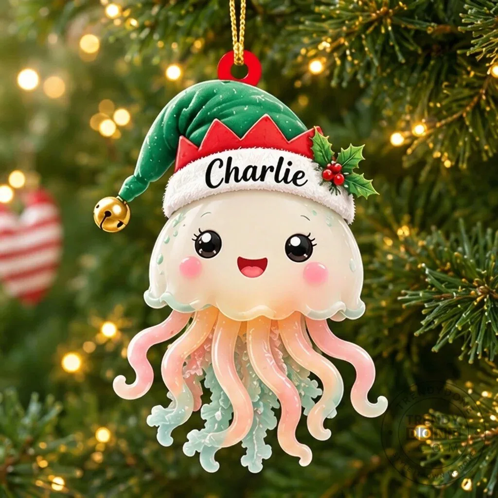 Personalized Cute Jellyfish Smiling with Elf Hat Christmas Tree Ornament