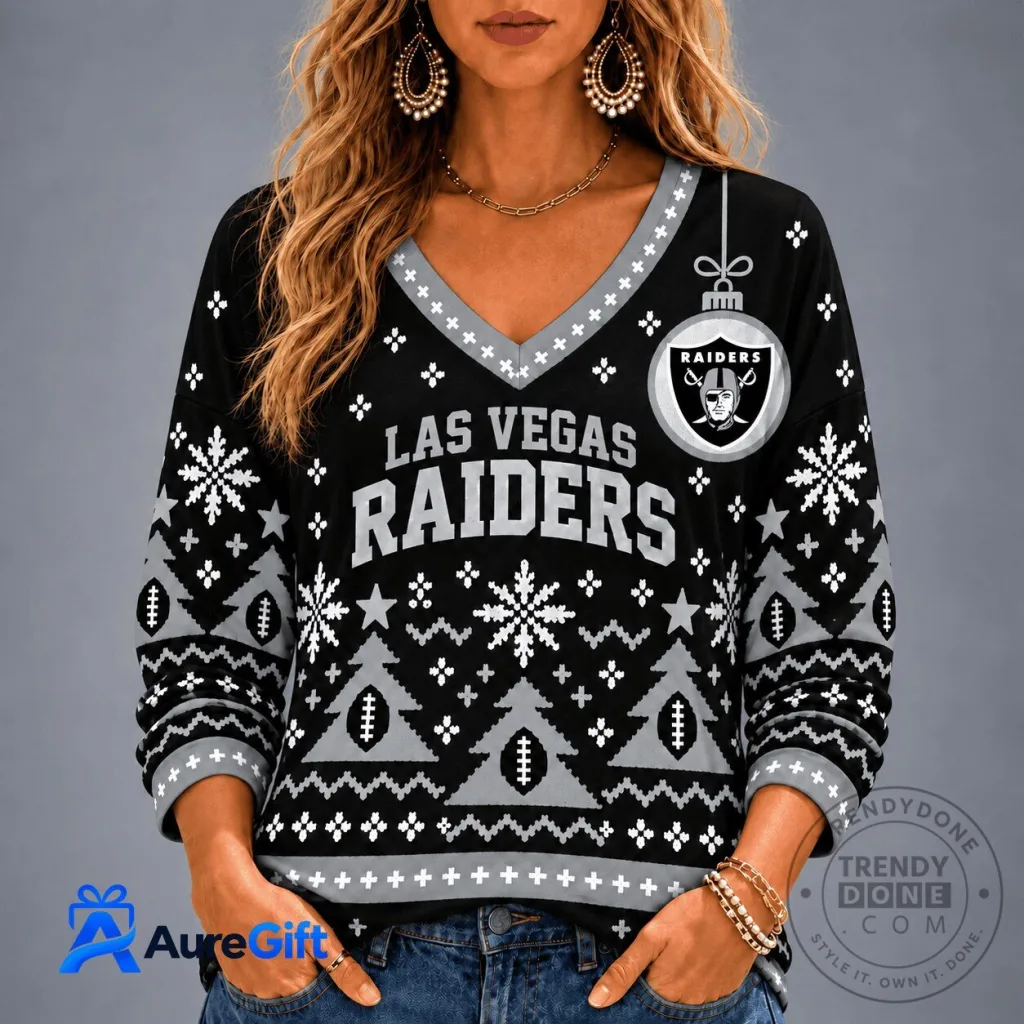 Las Vegas Raiders Ugly Christmas Sweater Women's V-Neck Long Sleeve Las Vegas Raiders Ugly Christmas Sweater Women's V-Neck Long Sleeve