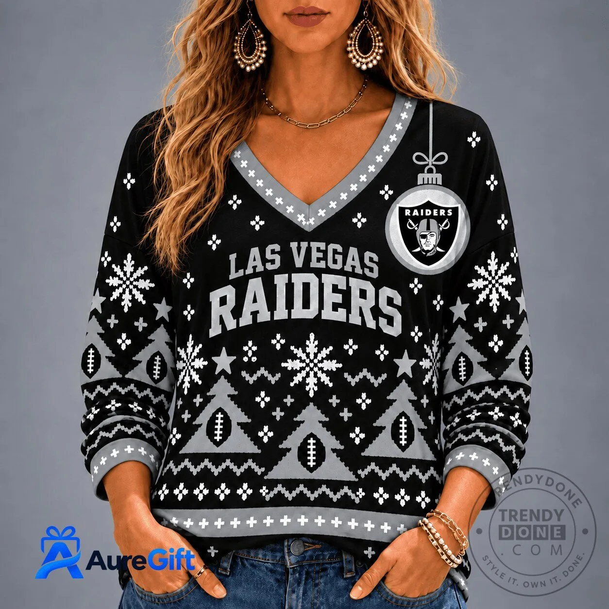 Las Vegas Raiders Ugly Christmas Sweater Women's V-Neck Long Sleeve