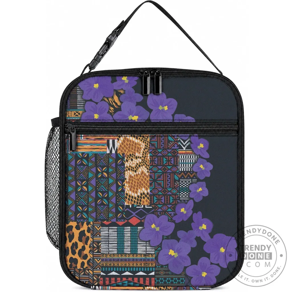 African Violet Flowers Tribal Pattern Insulated Lunch Bag