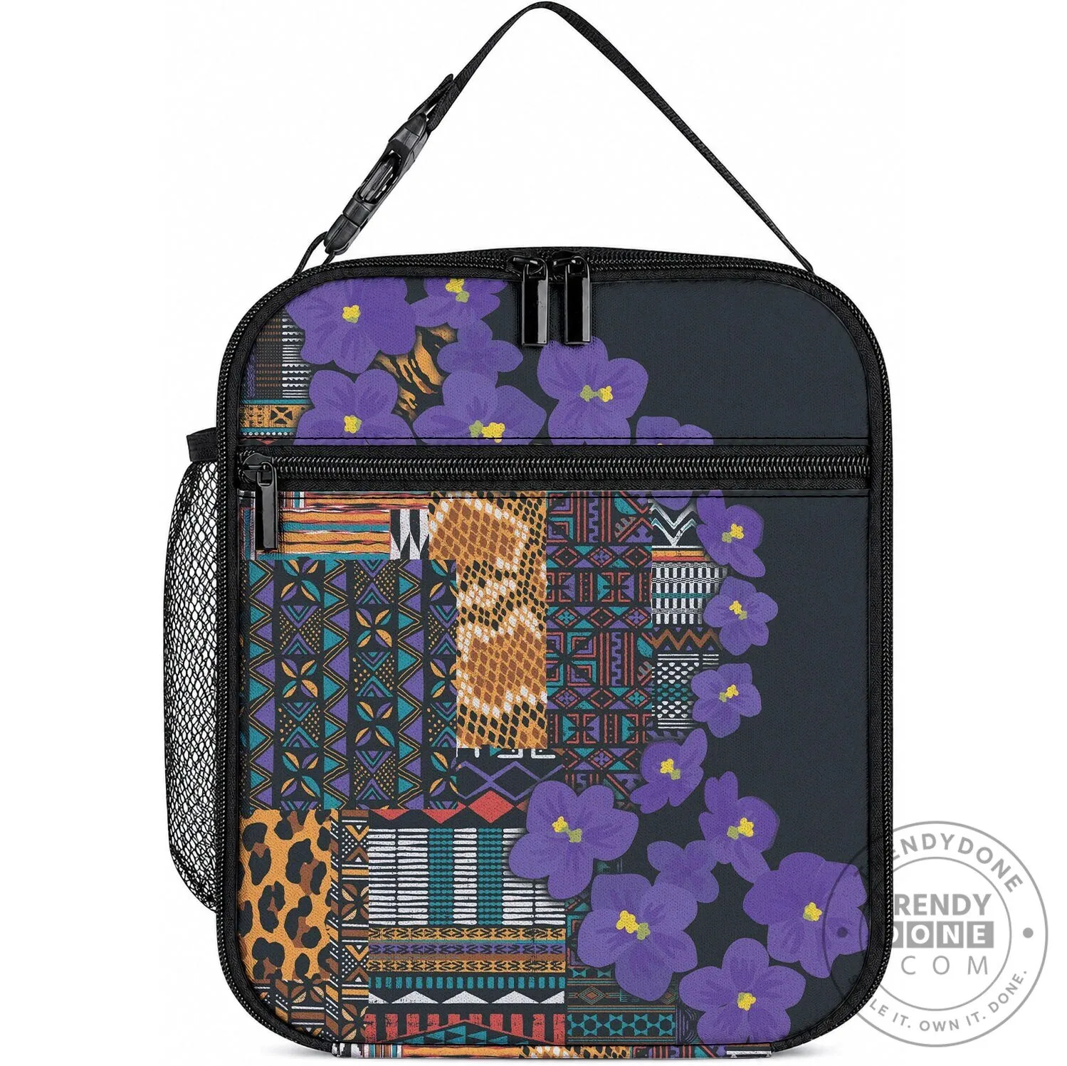 African Violet Flowers Tribal Pattern Insulated Lunch Bag