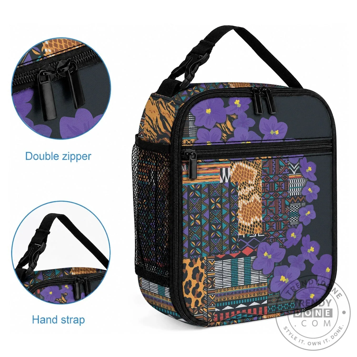 African Violet Flowers Tribal Pattern Insulated Lunch Bag 8 African Violet Flowers Tribal Pattern Insulated Lunch Bag