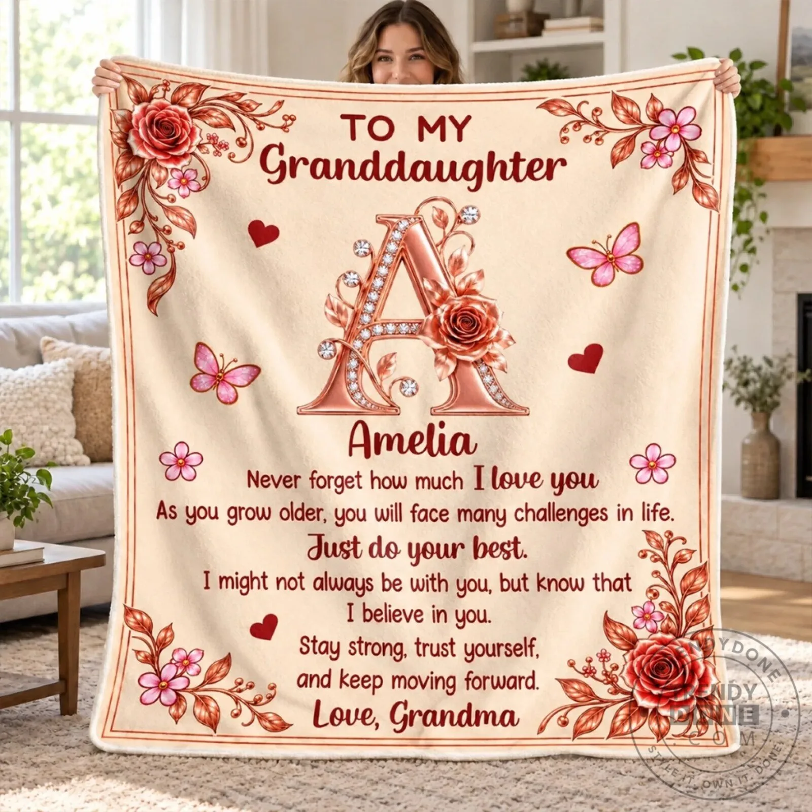 Personalized Granddaughter Blanket from Grandma with Custom Name and Initial