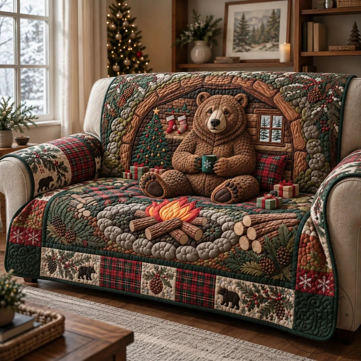 Christmas Bear Cabin Quilted Sofa Cover for Holiday Home Decor