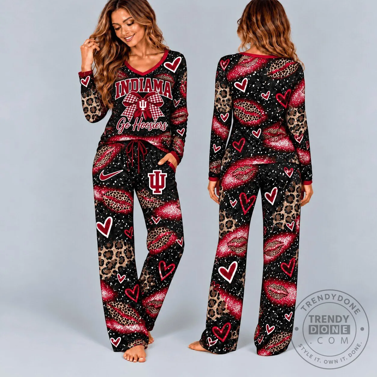 Indiana Hoosiers Leopard Print Hearts V-Neck Long Sleeve Pajamas Set