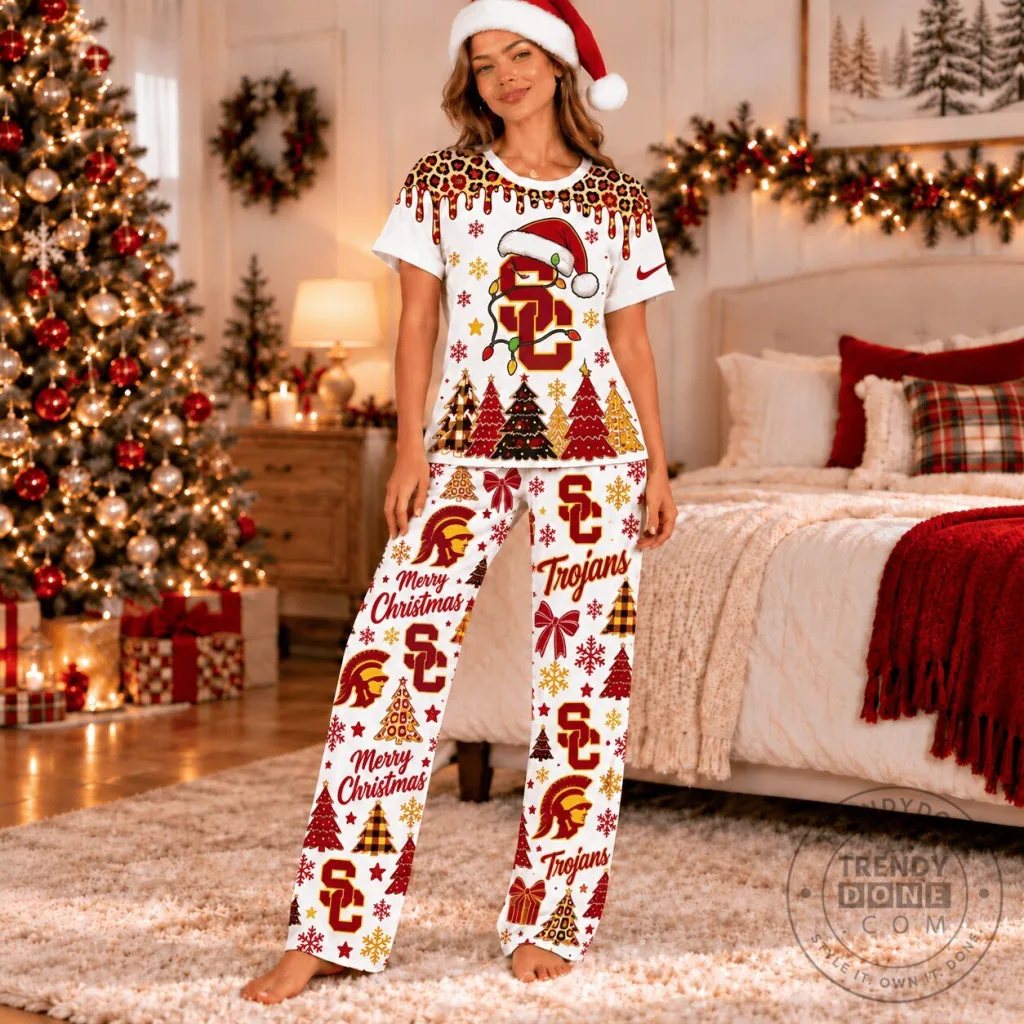 USC Trojans Christmas Leopard Drip Pajamas Set USC Trojans Christmas Leopard Drip Pajamas Set