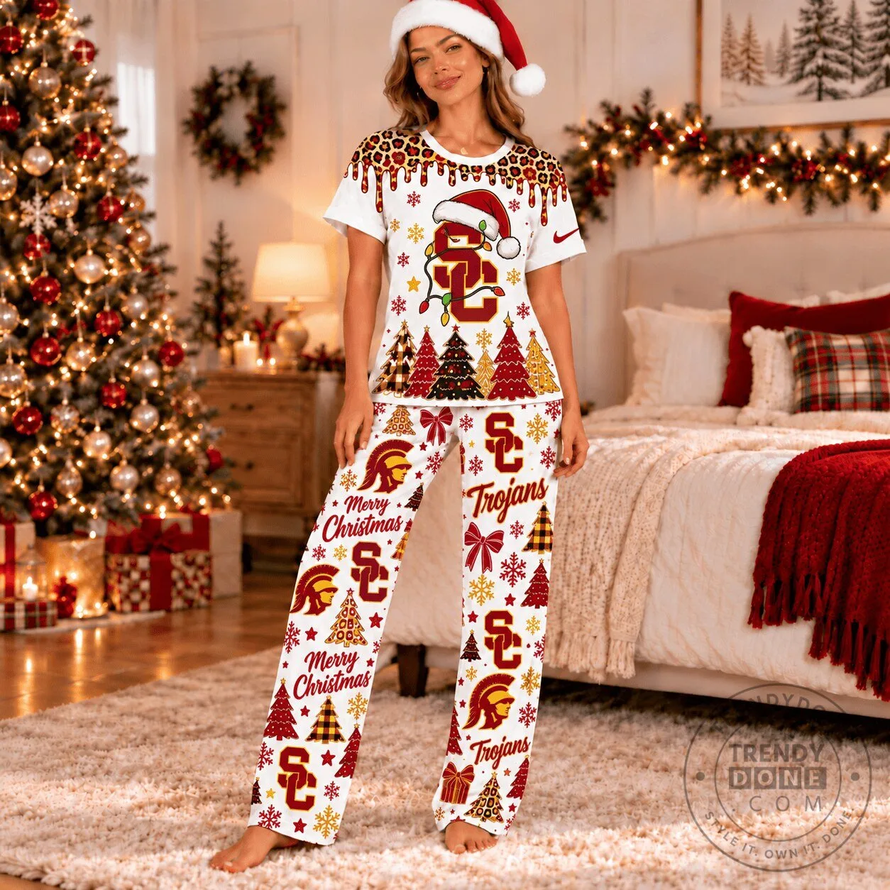 USC Trojans Christmas Leopard Drip Pajamas Set 1 USC Trojans Christmas Leopard Drip Pajamas Set