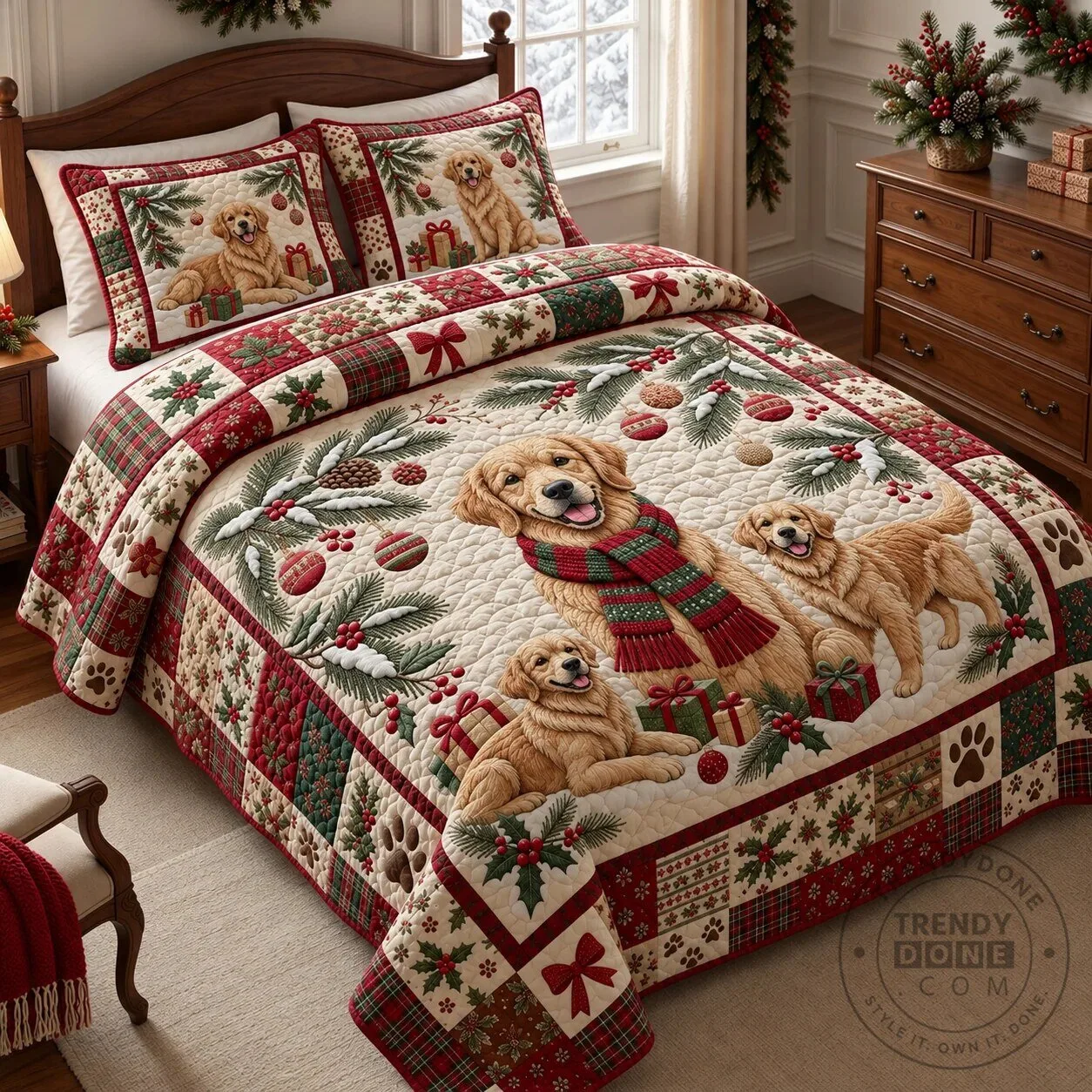 Golden Retriever Christmas Holiday Quilted Bedding Set with Pillow Shams