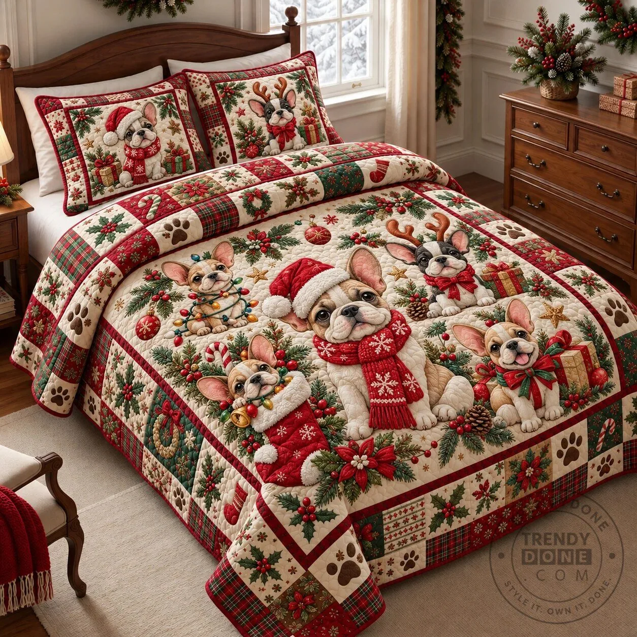 Christmas French Bulldog Family Holiday Plaid Quilted Bedding Set