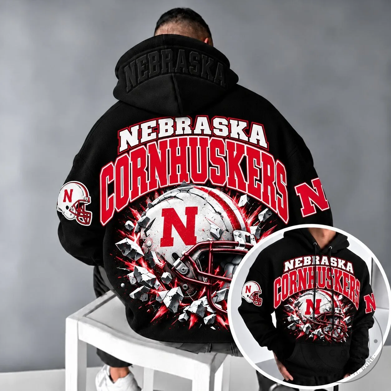 Nebraska Cornhuskers Football Helmet Black Pullover Hoodie