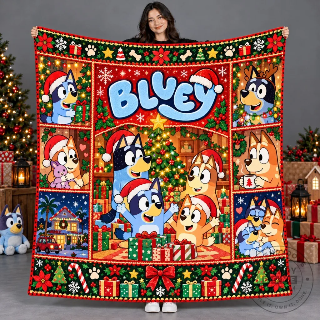 Fleece Blanket Featuring Bluey Family Christmas Tree Episode Collage for Cozy Fun Fleece Blanket Featuring Bluey Family Christmas Tree Episode Collage for Cozy Fun