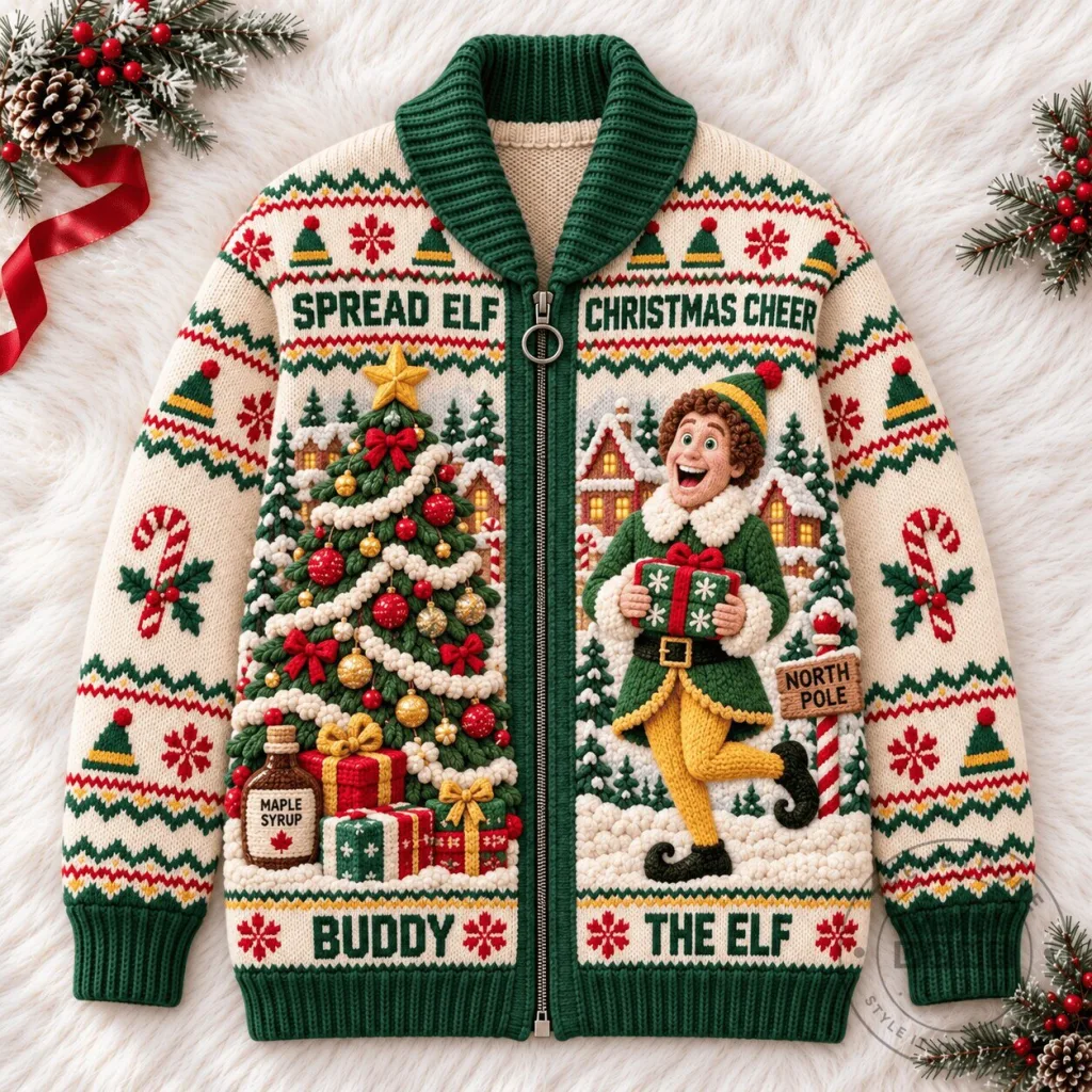 Buddy The Elf Christmas Cheer Knitted Wool Cardigan Sweater Buddy The Elf Christmas Cheer Knitted Wool Cardigan Sweater