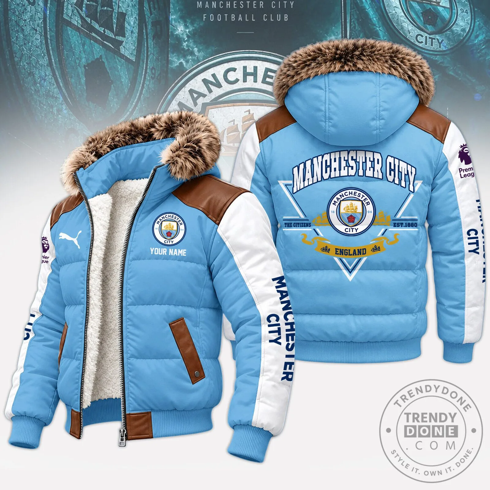 Manchester City Football Club Winter Down Jacket with Fur Hood 2 Manchester City Football Club Winter Down Jacket with Fur Hood