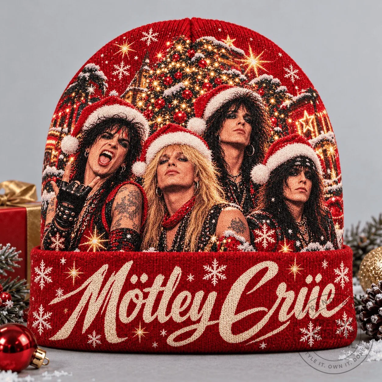 Motley Crue Santa Band Portrait Christmas Tree Print Beanie Hat 4 Motley Crue Santa Band Portrait Christmas Tree Print Beanie Hat