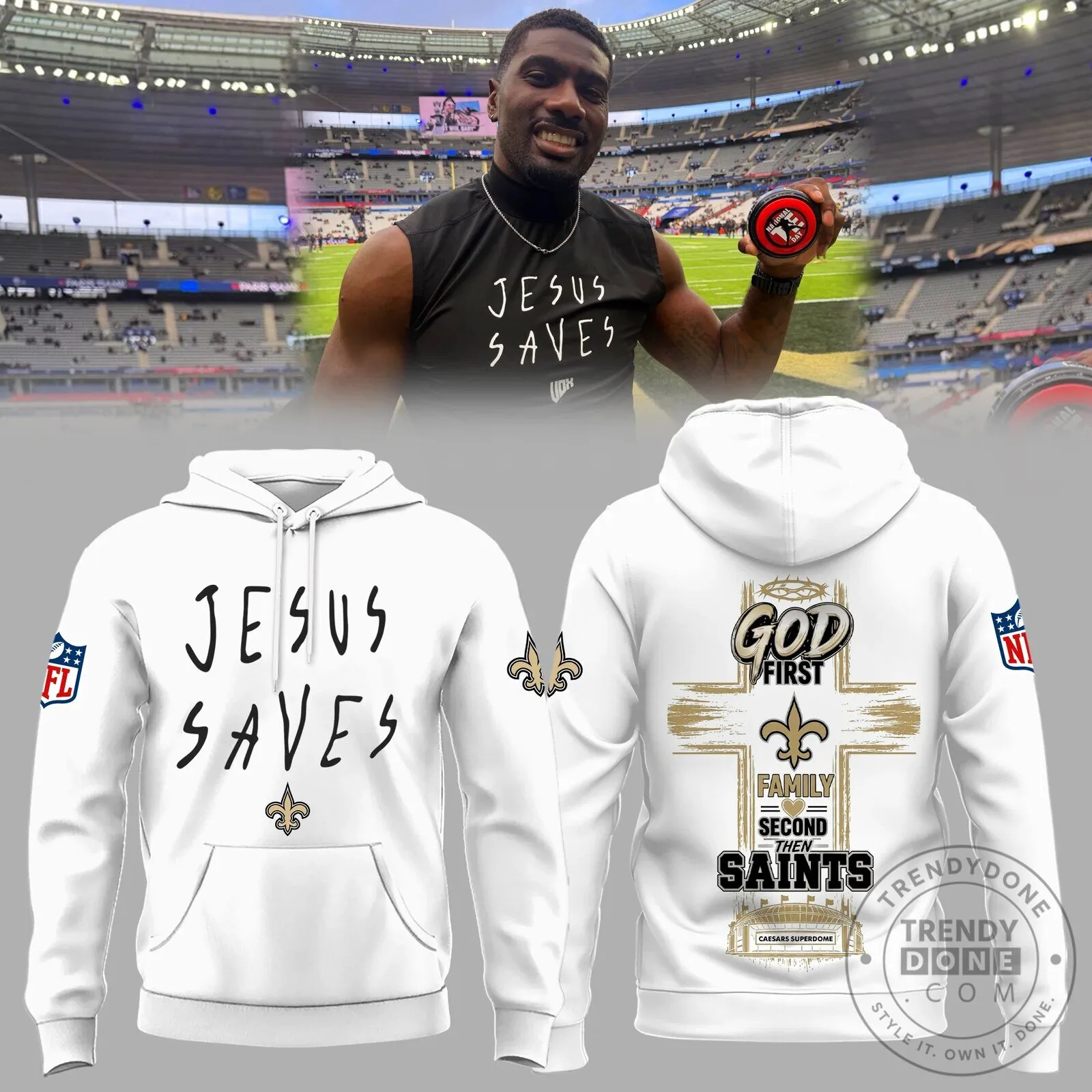 New Orleans Saints Jesus Saves God First Family Second Hoodie 1 New Orleans Saints Jesus Saves God First Family Second Hoodie
