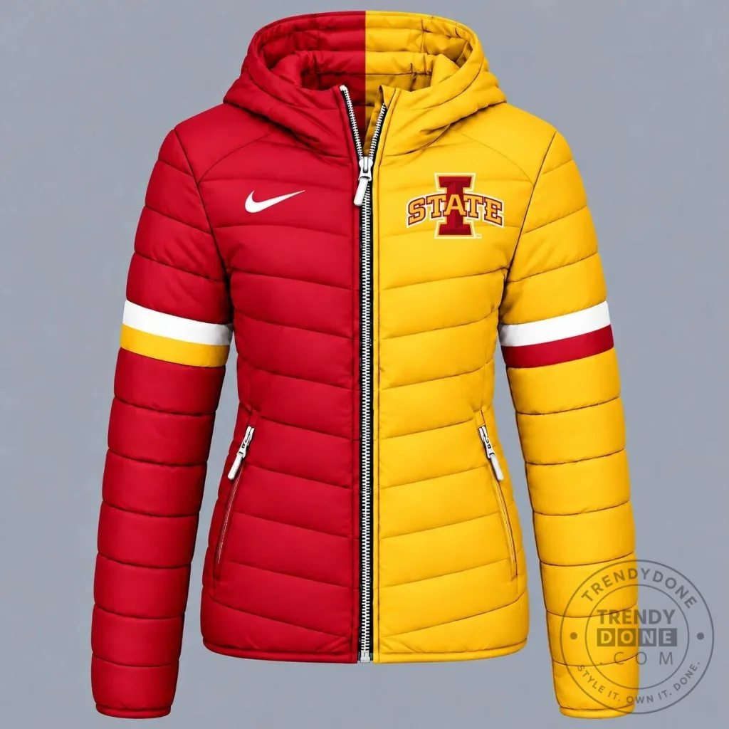 Iowa State Cyclones Red and Gold Split Panel Hooded Puffer Jacket Iowa State Cyclones Red and Gold Split Panel Hooded Puffer Jacket