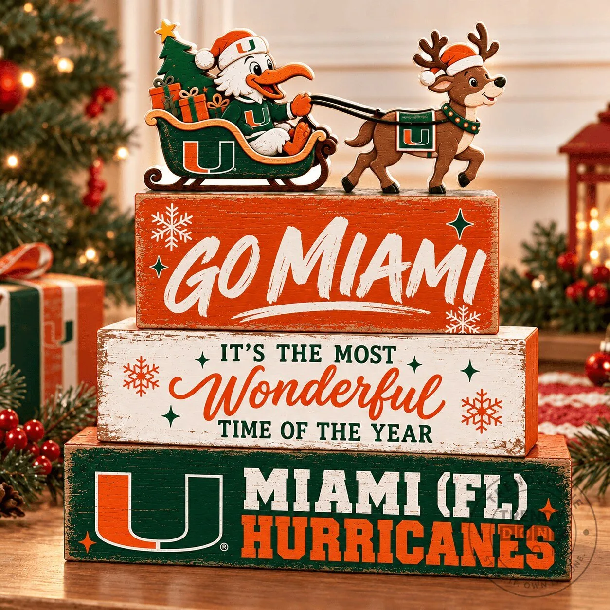 Miami Hurricanes Football Christmas Wooden Block Tabletop Decoration Sign