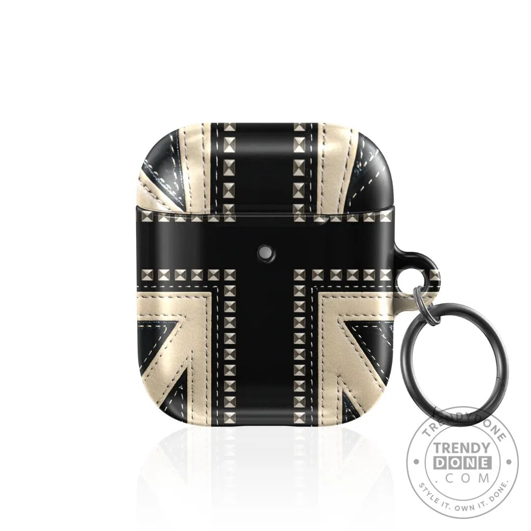 Union Jack Studded Leather Design AirPods Case with Keychain