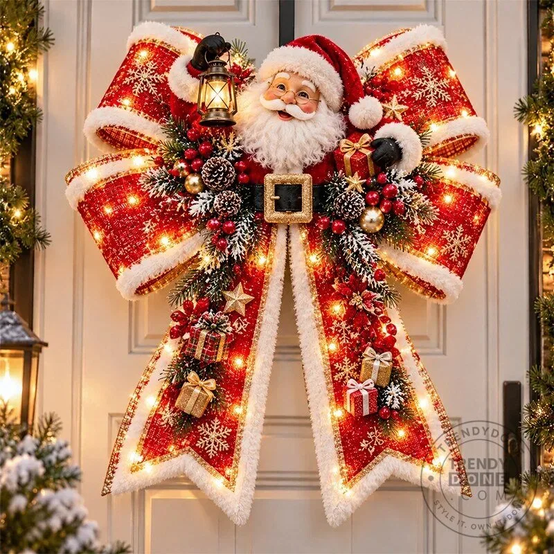 Light-Up Santa Claus Christmas Bow Door Hanger Holiday Decoration