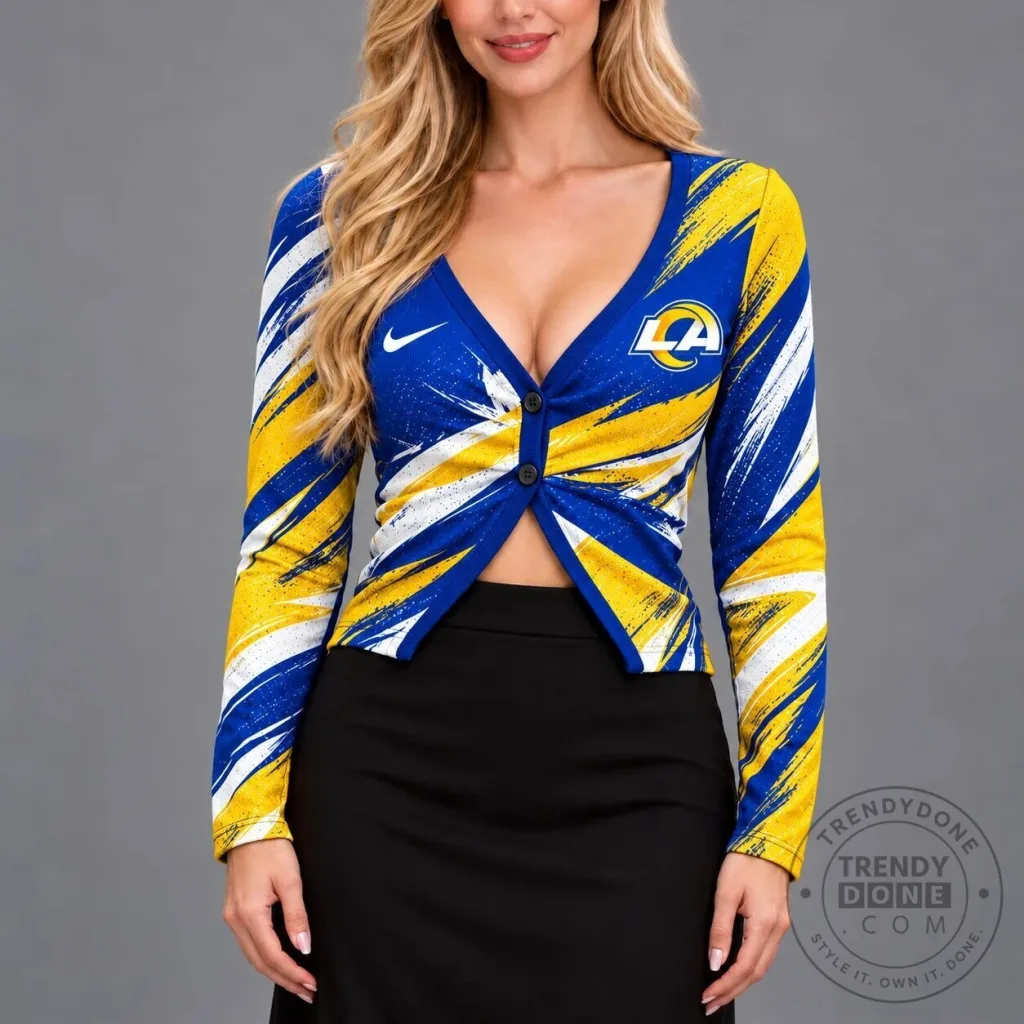 Los Angeles Rams Nike Vibrant Splash V-Neck Button Cardigan Long-Sleeve Los Angeles Rams Nike Vibrant Splash V-Neck Button Cardigan Long-Sleeve
