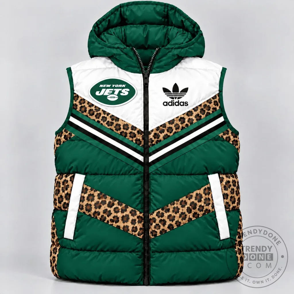 New York Jets Leopard Print Adidas Hooded Puffer Vest New York Jets Leopard Print Adidas Hooded Puffer Vest
