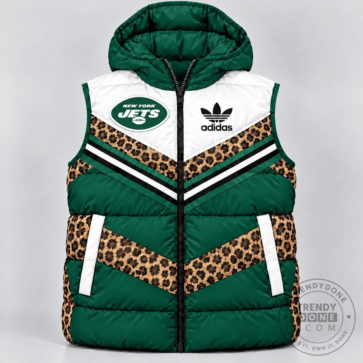 New York Jets Leopard Print Adidas Hooded Puffer Vest